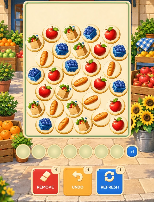 Gameplay detail: market tiles above an empty seven-space tray.