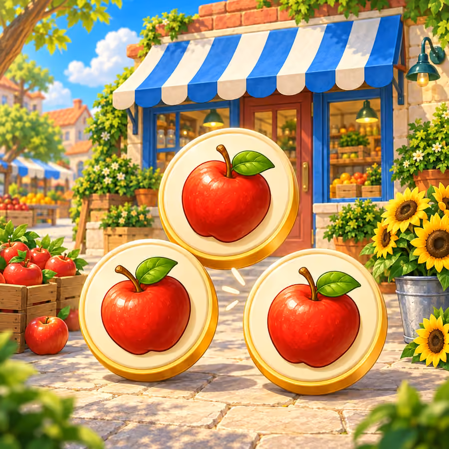 Three apple tiles in a sunny neighborhood market, beneath a blue and white striped awning.