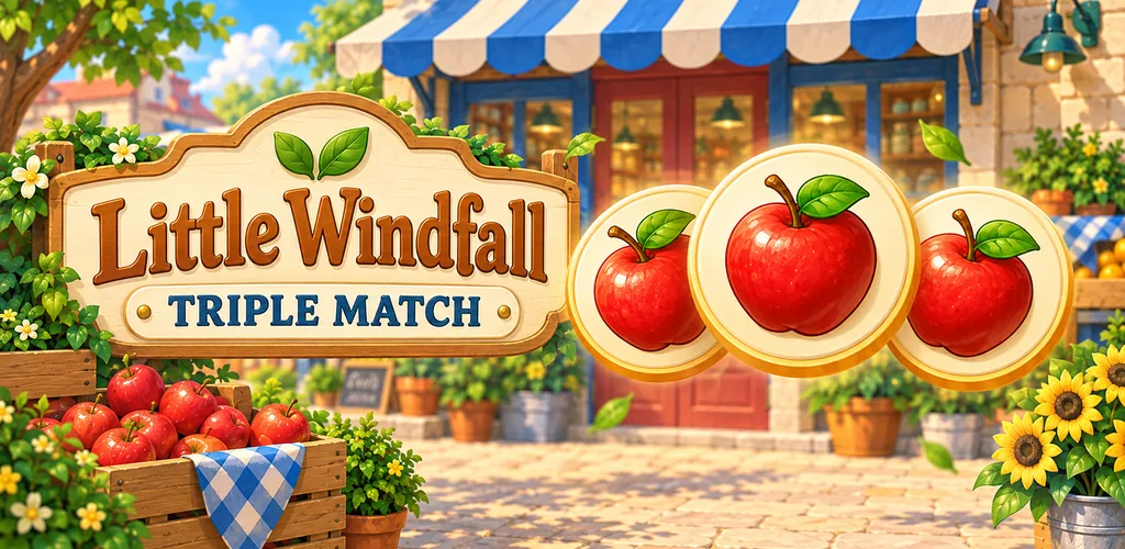 Little Windfall market artwork with apple tiles, fresh produce, and sunflowers.